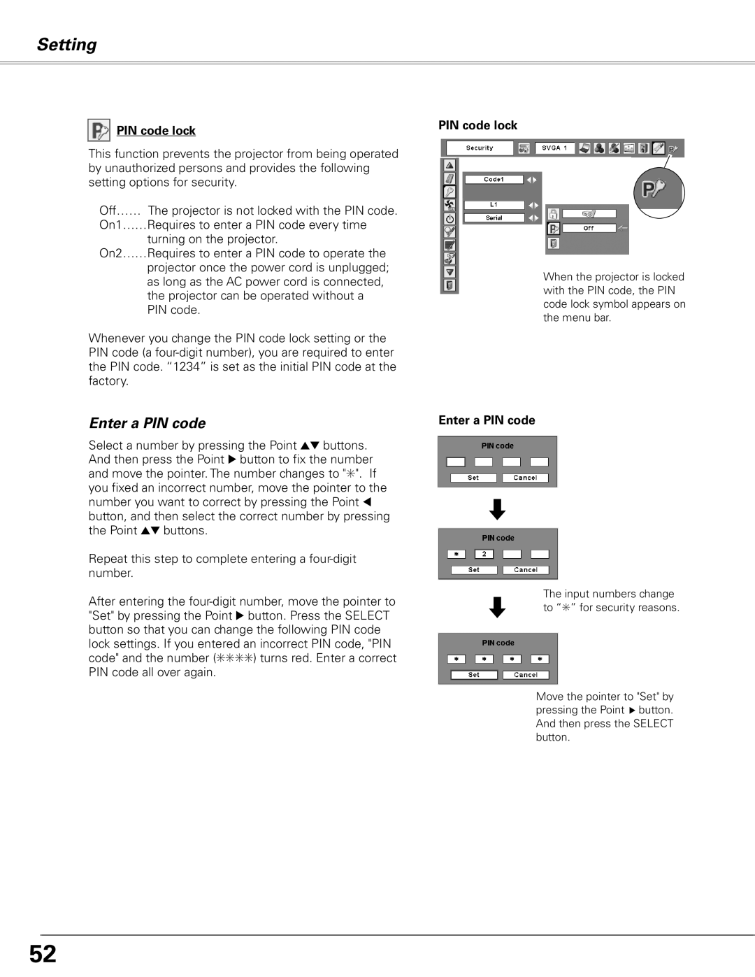 Sanyo PLC-XL50A owner manual PIN code lock, Enter a PIN code 